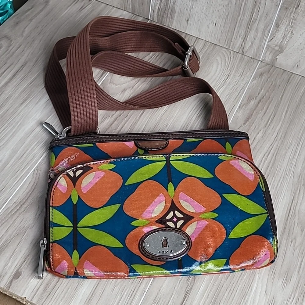 Fossil Key-Per Crossbody Bag Floral Geometric Multicolor Adjustable Strap